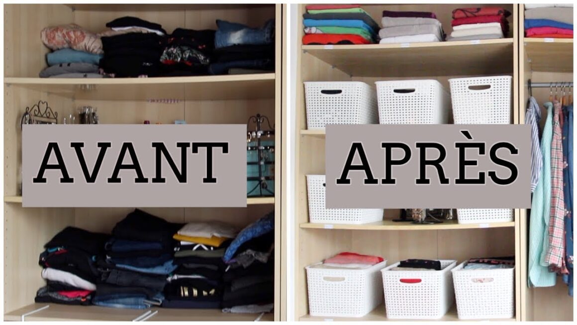 Comparaison avant après du rangement d'un placard montrant la transformation d'un espace désorganisé vers un dressing organisé avec paniers blancs et vêtements pliés