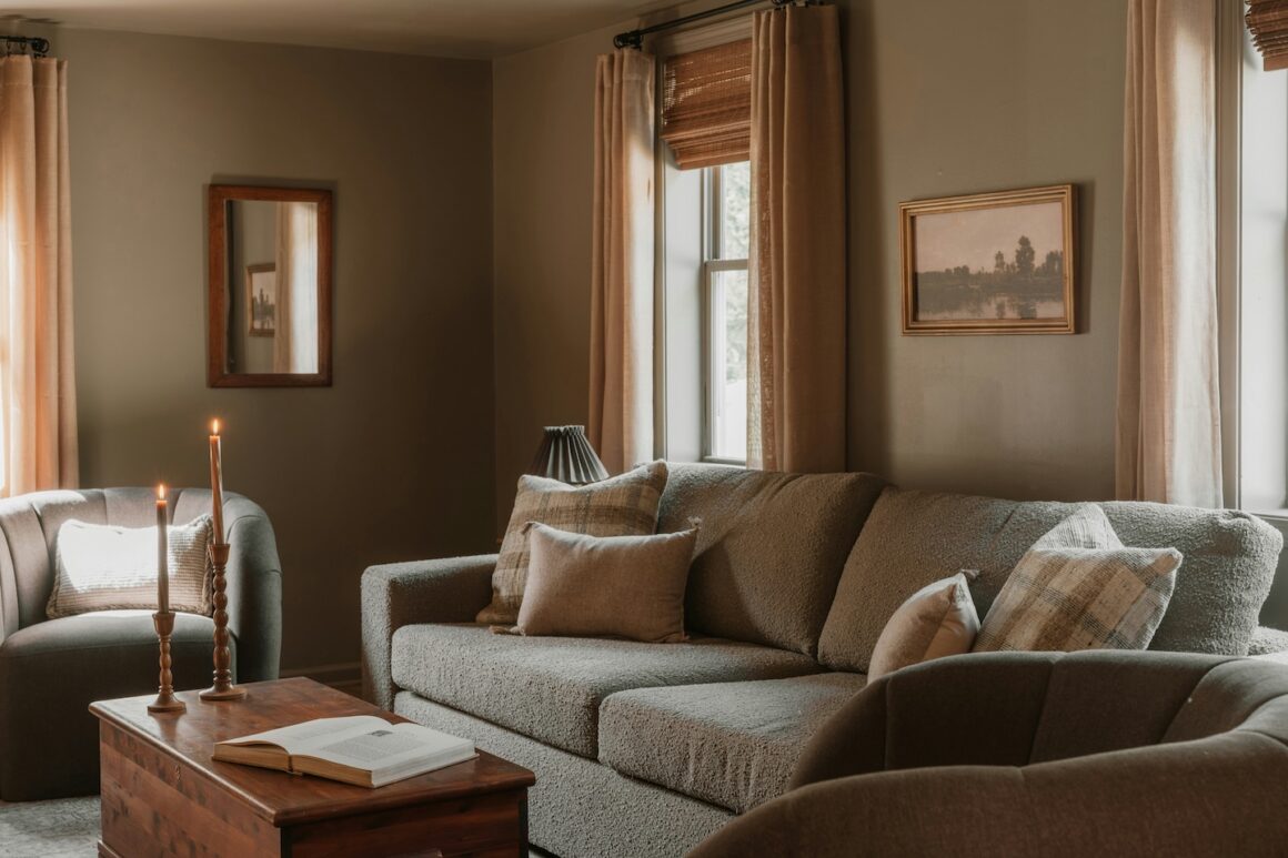 Bougie allumée sur une table dans un salon cosy et bien rangé avec lumière naturelle