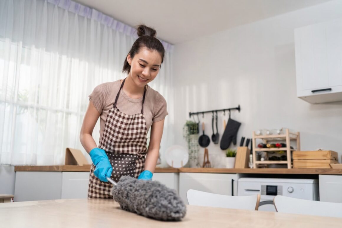 Femme souriante rangeant sa cuisine lumineuse, ambiance détendue et naturelle