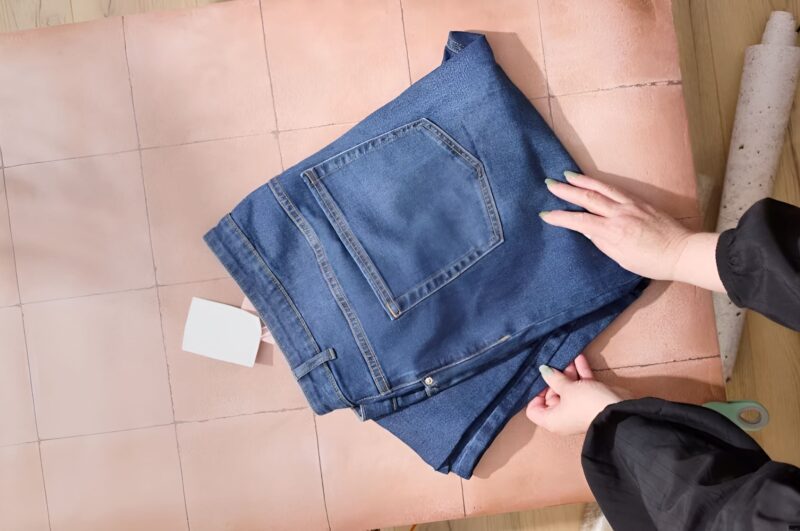 Tutoriel pliage jean méthode KonMari vue du dessus avec mains positionnant jean bleu denim sur surface rose pour rangement vertical tiroir