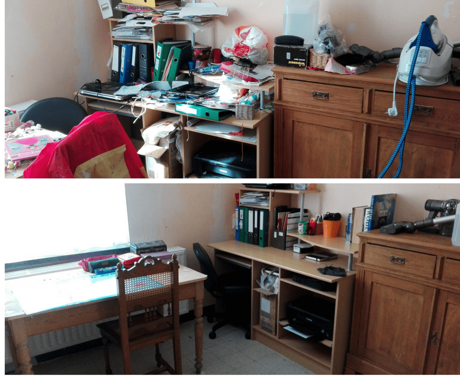 Transformation avant/après d'un bureau encombré en zone zen productive